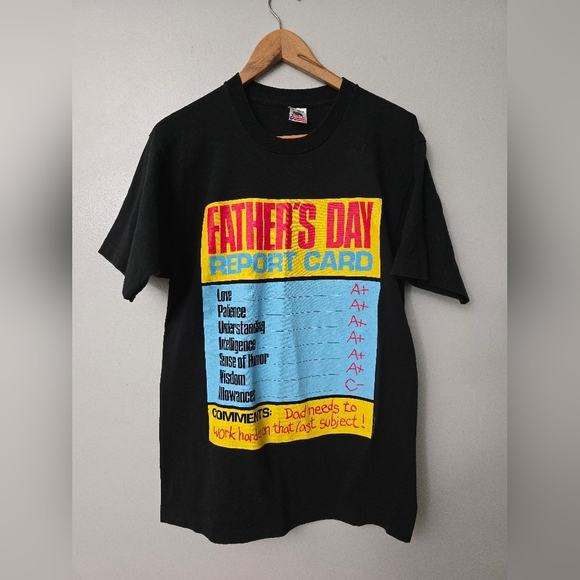 Vtg Fathers Day Report Card Shirt Size Large Black Single Stitch USA 90s Humor - Picture 1 of 9